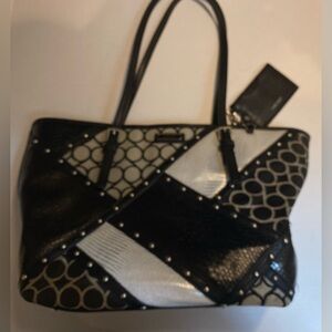 Nine West Black Patterned Handbag with Purple Lining